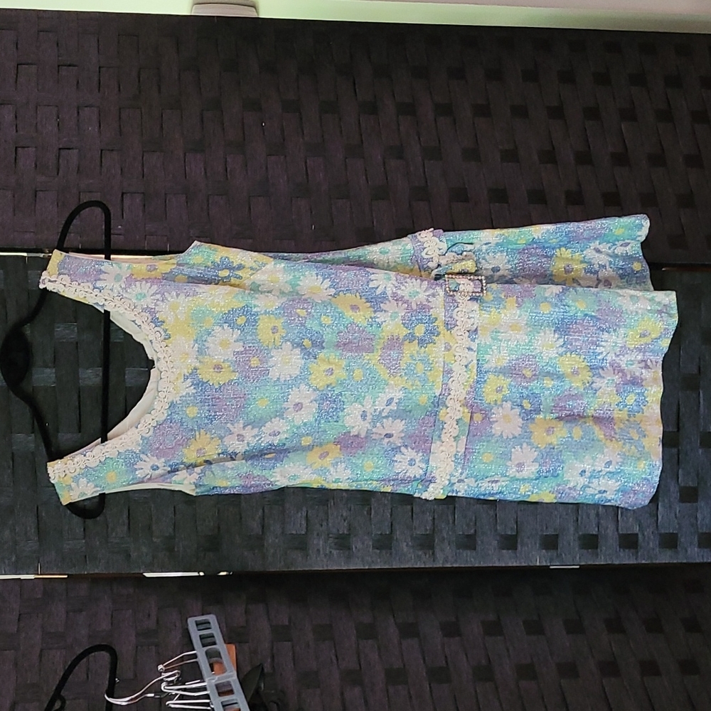 Vintage 60's drop waist sparkly metallic flower power dress w rhinestone buckle